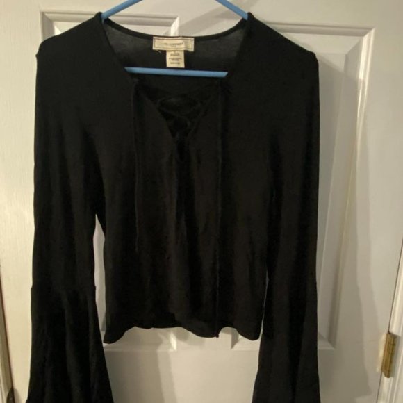 Black Lace Up Bell Sleeve Top - Picture 1 of 4